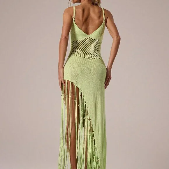 Lime Green Casual Women's Crochet Knit Beaded Fringing Maxi Cover Up Dress - Picture 2 of 6